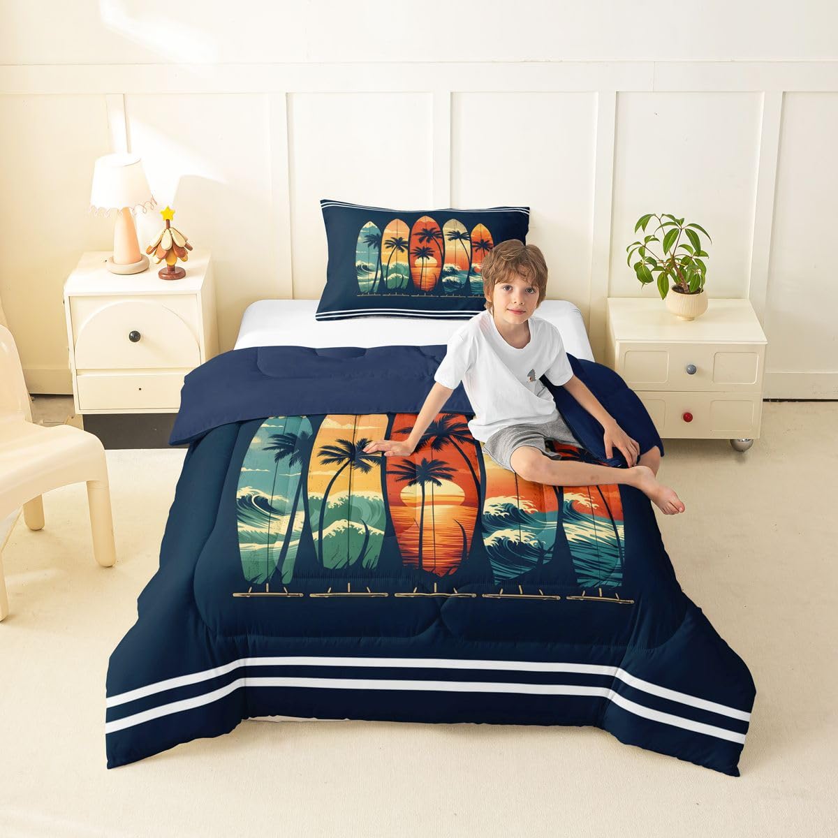 Erosebridal Surfboard Toddler Size Comforter Set Hawaiian Summer Surfing Room Decor Bedding Set Beach Sunset Palm Tree Bedding Comforter Sets,Retro Tropical Beachy Quilt 2 Pcs