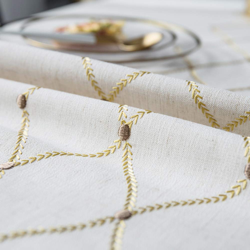 Bringsine Embroidery Geometric Tablecloth Heavy Weight Cotton Linen Fabric Water-Proof Table Cover for Kitchen Dinning Tabletop Decoration (Rectangle, 53 x 102 Inch)