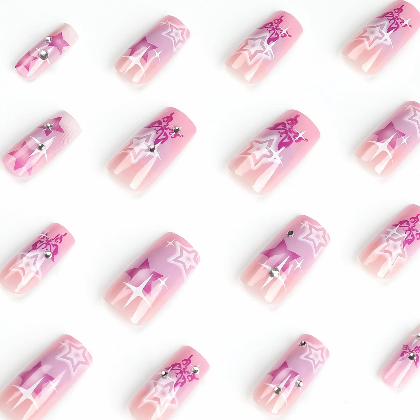 BABALAL Medium Square Press on Nails, Y2K Purple Star Rhinestone Butterfly Design Acrylic Glue on Nails for Women and Girls 24 Pieces