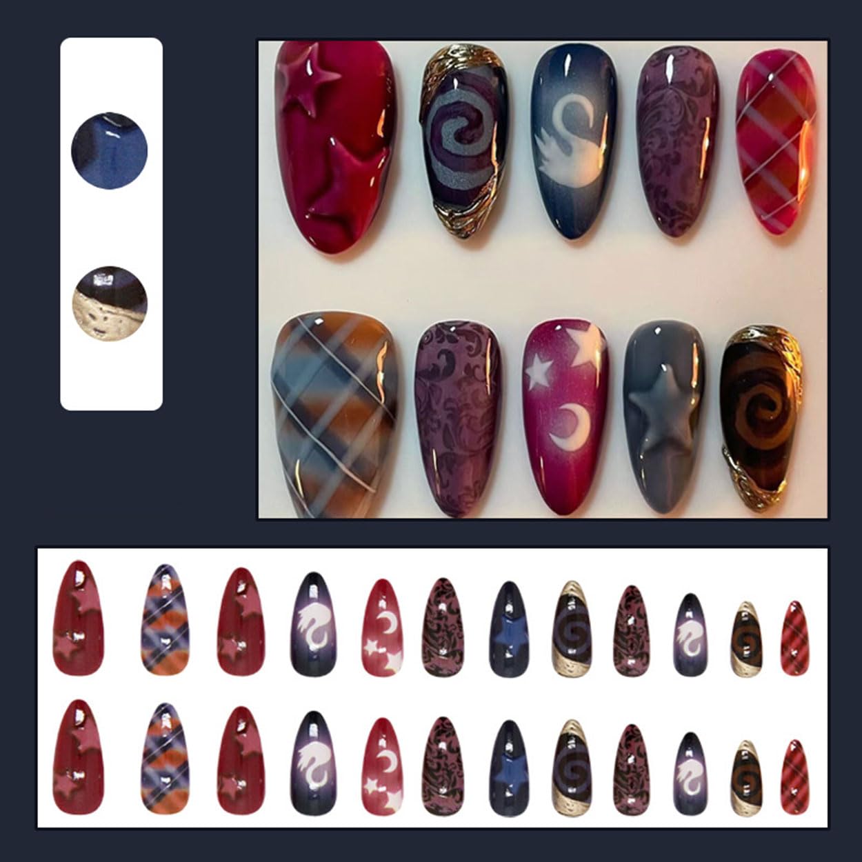 Press on Nails Almond Medium Red Fake Nails French Tip False Nails Press ons with Swan Grid Design Glue on Nails Artificial Acrylic Nail Art Glossy Full Cover Stick on Nail Supplies for Women 24Pcs
