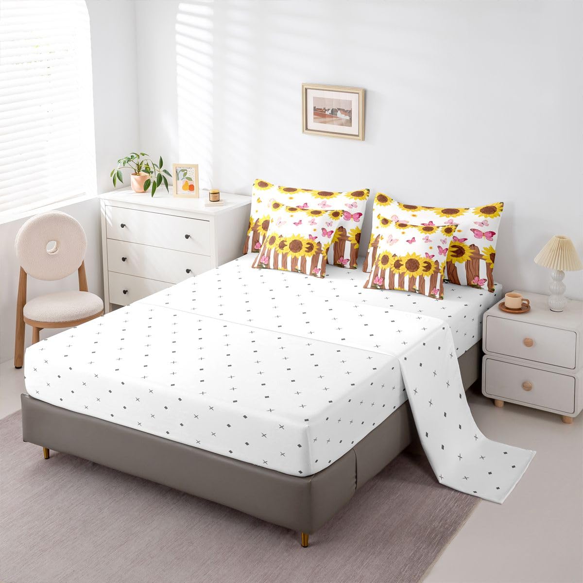Erosebridal Sunflower 7 Piece Bedding Set Twin Butterflies Comforter Set with Sheets Cute Pink Butterfly Farmhouse Cartoon for Kids Boys Girls Yellow Petals Bud Wooden Fence Bed in a Bag