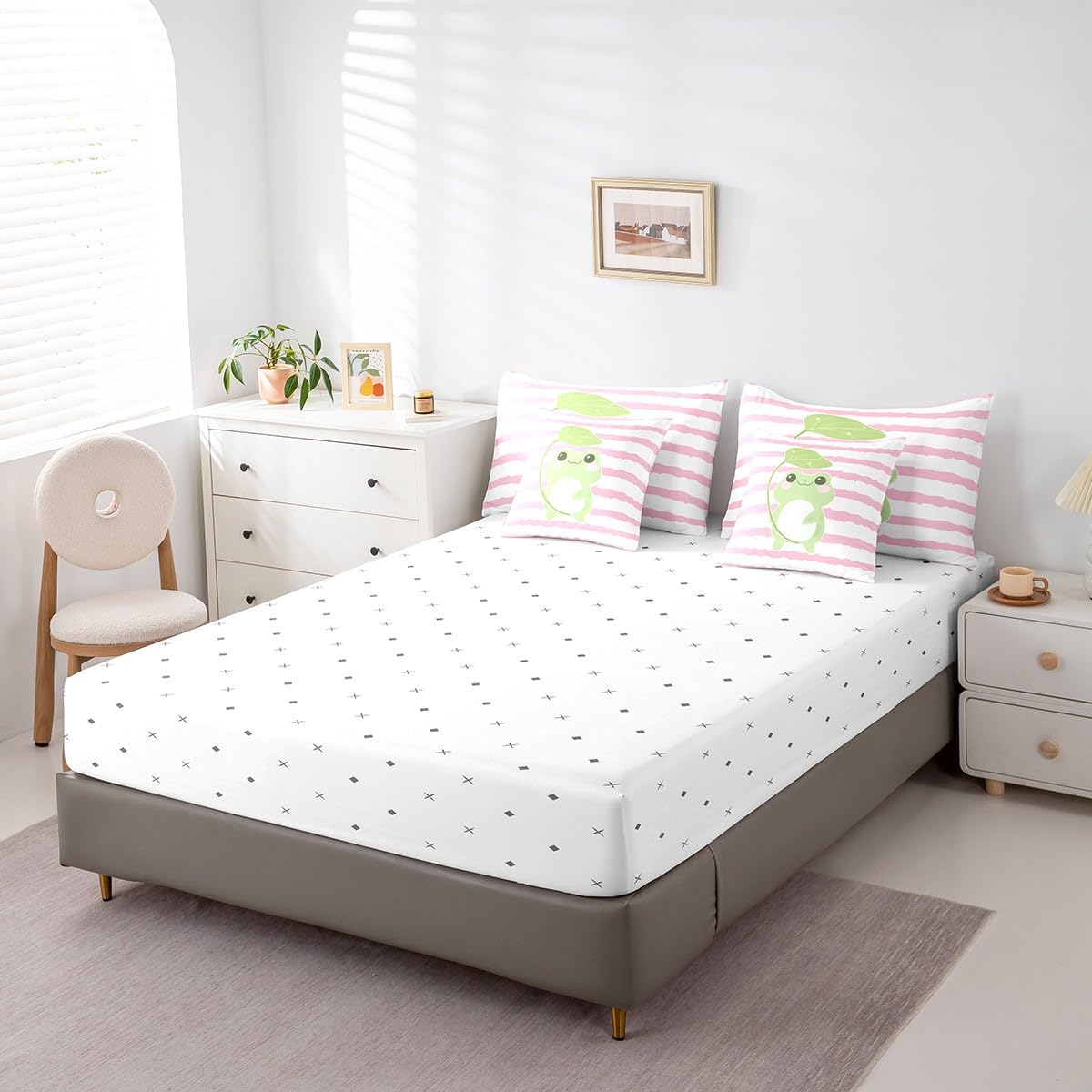 Castle Fairy Cute Frog 7Pcs Comforter Set Full Size,Cartoon Animal Bedding Sets for Kids Girls Boys,Pink White Striped Bed in a Bag Black White Fitted Sheet Flat Sheet,2 Throw Pillow 2 Pillowcases