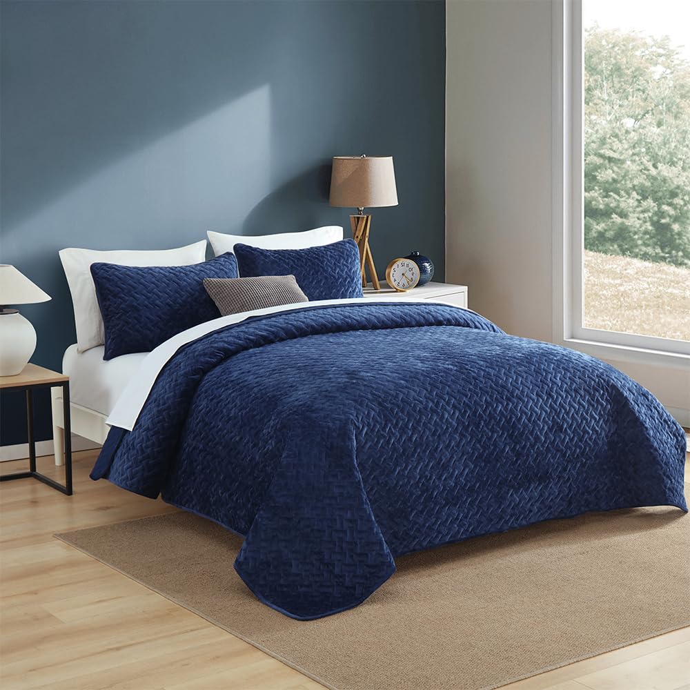 Liians Velvet Bedspread Quilt Bedding Sets,Luxury Elegant Ultra Soft Velvet Comforters Coverlet Blankets,Weave Stitching Pattern Cotton Quilted Bedspread for All Seasons,Navy Blue,King Size