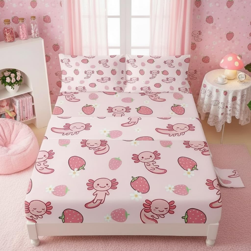 QOOMO Pink Axolotl Microfiber Flat Fitted Sheets Set for Children Kawaii Strawberry Kids Sheet Set Cute Sea Creature Super Soft Kids Bedding Set Queen Size 1 Fitted Sheet, 1 Flat Sheet, 2 Pillow Cases