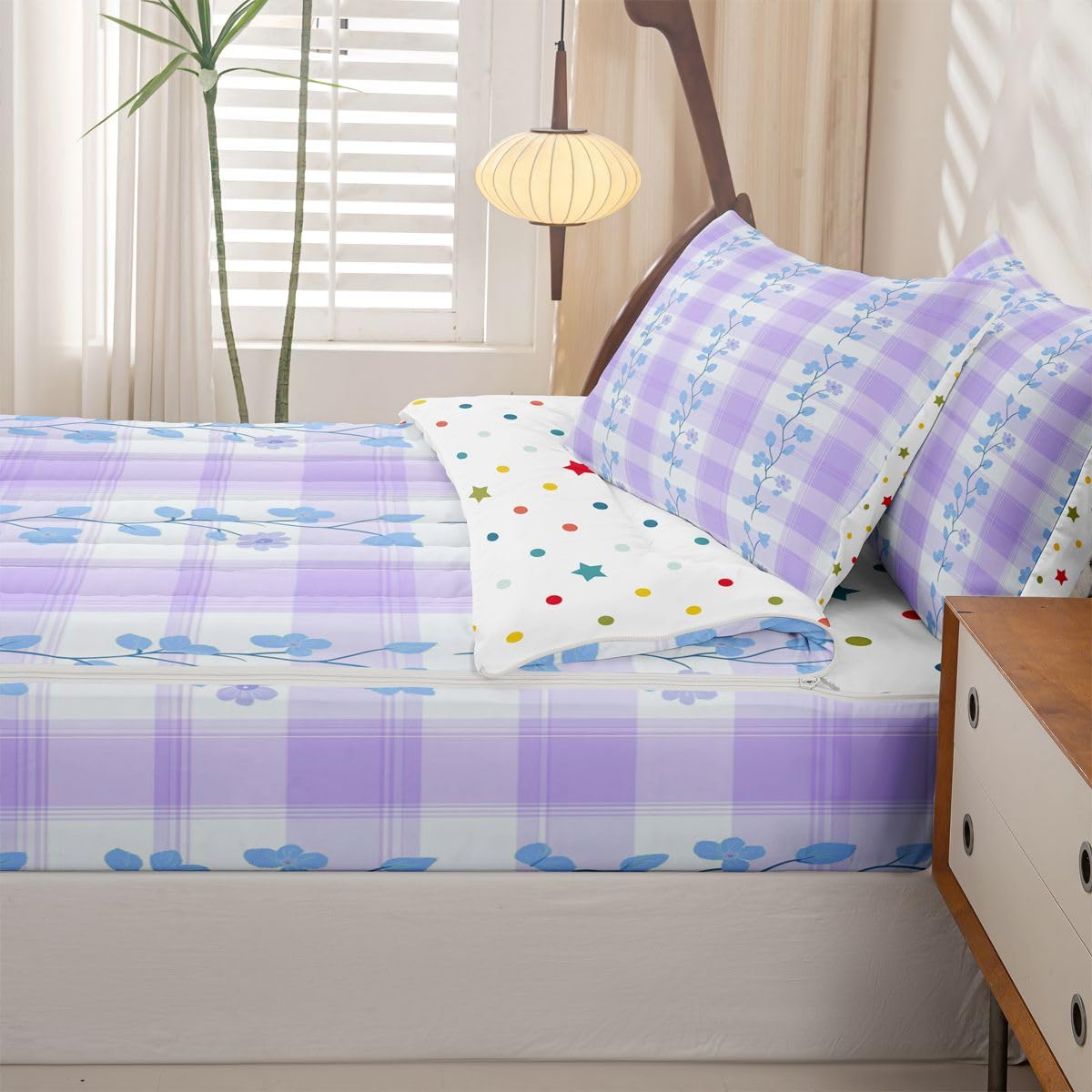 Feelyou Purple Flower Zipper Bedding Sets for Kids Boys Girls Botanical Floral Printed Queen Comforter Set with Fitted Sheet Natural Theme Bedroom Decor Microfiber with 2 Pillow Cases