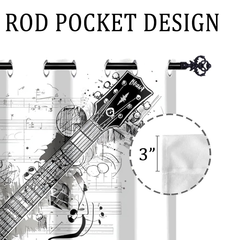 XSUPFLYM Classic Musical Notes Guitar Window Blackout Curtains Beautiful Abstract Rock Music Theme Black&White Guitar Thermal Curtains Suitable for Bedroom 2 Panels.Each 21" W x 45" L