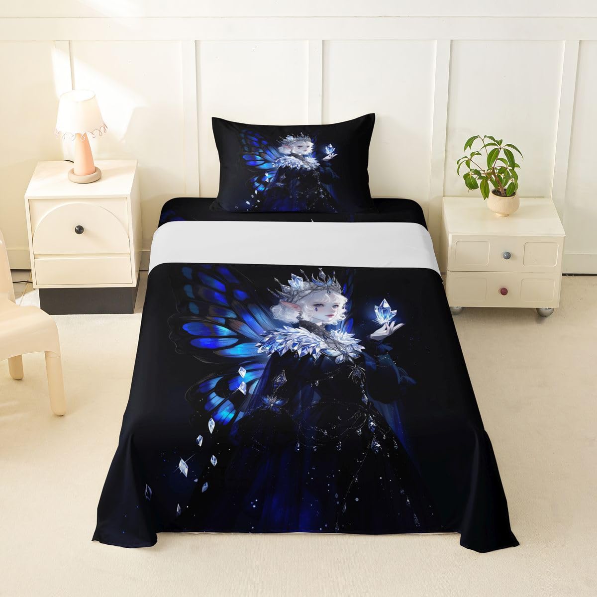Erosebridal Gothic Girls Bed Sheets Set A Girl Wearing A Crown Sheets Twin,Butterfly Diamond Feather Print Sheet Set for Boys Girls Coquette Princess Bedding Sets Bedroom Decor 3 Pieces
