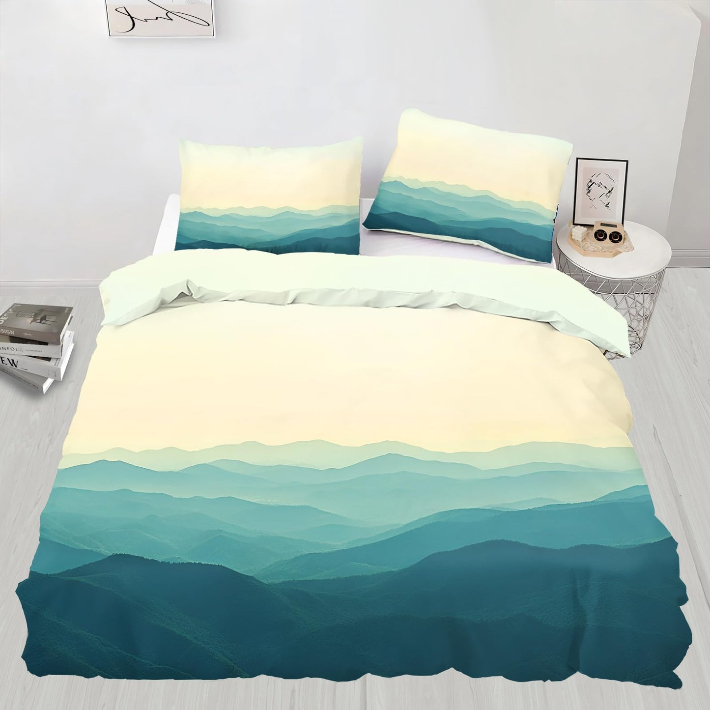 PAISUOQ Mountain Bedding, Misty Mountains Comforters Queen Size, Natural Landscapes Duvet Cover with 2 Pillowcases, 3 Pieces with Zipper & Ties, Home Decor & Gifts