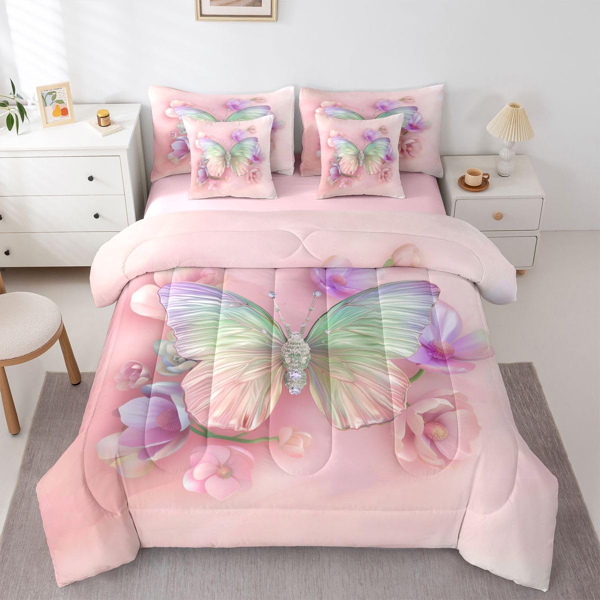 Erosebridal Watercolor Butterfly 7 Piece Bedding Set Twin Dreamy Flower Comforter Set with Sheets Pink Purple Ombre Bed in a Bag Rainbow Colorful Butterflies Bed Sets Comforter
