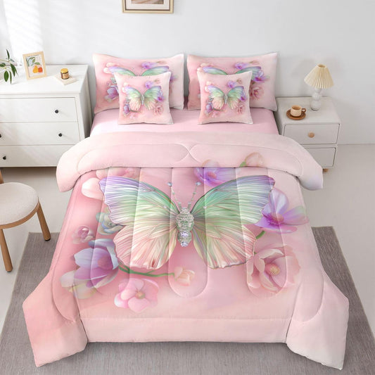 Erosebridal Watercolor Butterfly 7 Piece Bedding Set Twin Dreamy Flower Comforter Set with Sheets Pink Purple Ombre Bed in a Bag Rainbow Colorful Butterflies Bed Sets Comforter