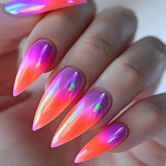 Almond Tip Press on Nails Medium Gradient Aurora False Nails Purple and Orange Design Full Cover Coffin Nails Artificial Stick on Nails Glossy Acrylic Nails Reusable Glue on Nails for Women 24Pcs