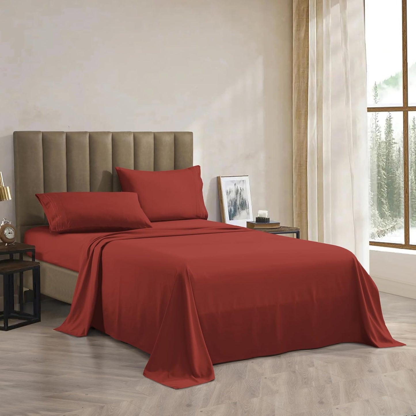 CELINE LINEN Premium 1800 Hotel Quality Wrinkle-Resistant 4-Piece Microfiber Sheet Set - Luxury Ultra Soft and Breathable Bedding 16 Inch Deep Pocket 4PC Sheet Set, King, Rust