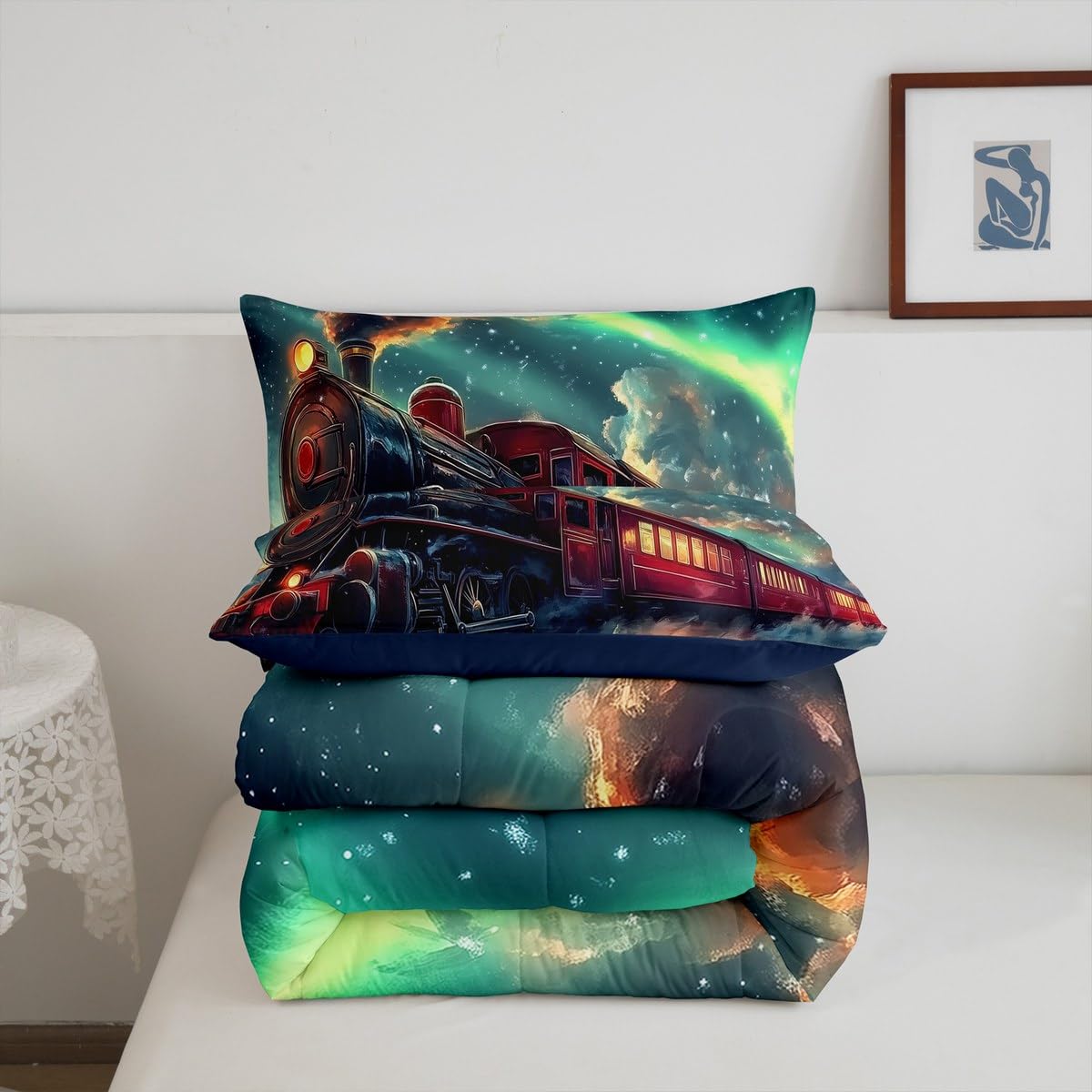 Erosebridal Aurora Train Bedding Set Twin,Steam Train Comforter Set for Boys Girls Kids,Winter Snow Scene Bed Comforter Sets Transportation Trains Quilt Bed Set with 1 Pillowcase Bedroom Decor