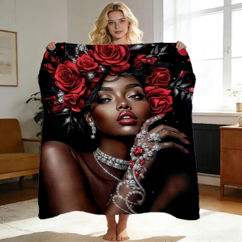 ZHOUSHUTONG Black Women Throw Blanket African American Black Girl Print Super Soft Warm Cozy Blanket for Couch Bedroom Office Home Decor Gift for Her 49"x59"