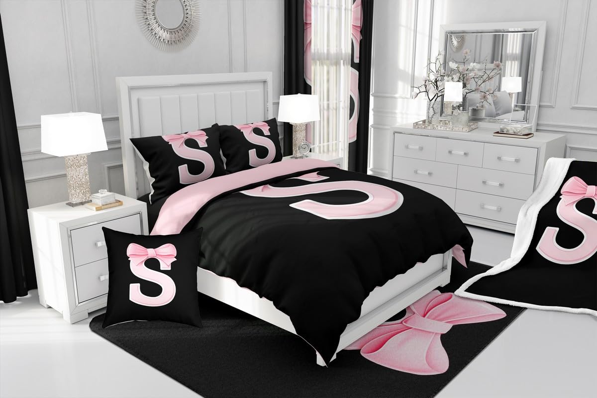 jejeloiu Kawaii Pink Bow Twin Comforter Set with Sheets,Gifts for Women Teen Girl,Monogrammed 7 Piece Bedding Set,Soft Personalized Initial Letter S Bed in a Bag with Comforter,Sheets,Pillowcases