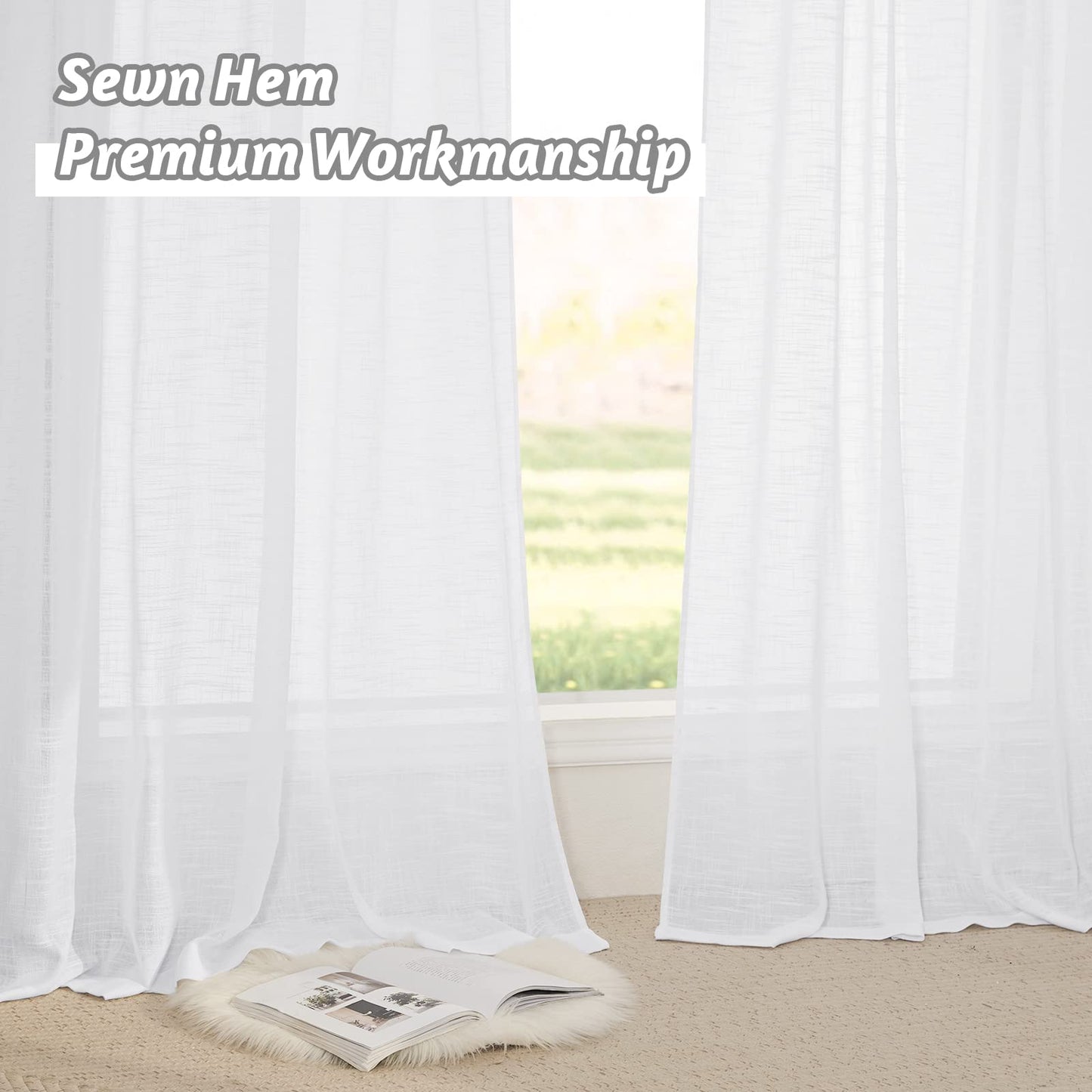 RYB HOME White Semi Sheer Curtains 84 inches Long - Living Room Curtains for Half Privacy, Linen Textured Sheer Light Filtering Vertical Window Drapes for Bedroom Dining, Width 52 inch, 2 Panels