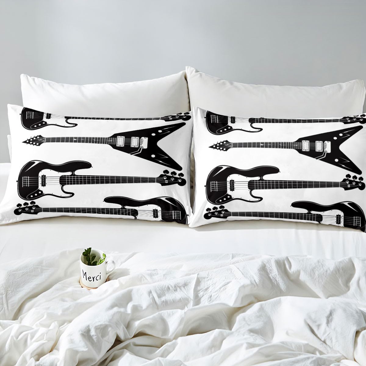 Feelyou Music Comforter Cover for Teens,Black and White Electrical Guitars Hippie Hipster Fashion Cool,Decorative 3 Pieces Bedding Set Queen Size(1 Duvet Cover Set & 2 Pillow Shams),Zipper
