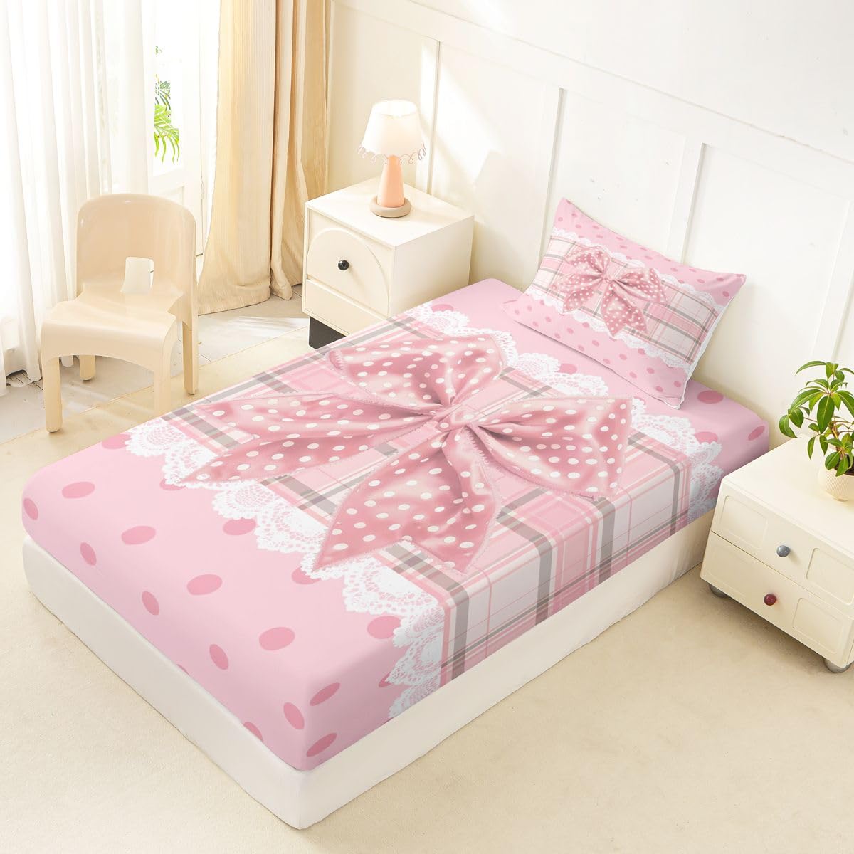 jejeloiu Pink White Bowkont Fitted Sheet Twin Size for Kids Boys Girls Plaid Bow Bed Sheets Set 16" Deep Pocket Soft Breathable Microfiber Polka Dots Bedding with 1 Pillowcase Room Decor