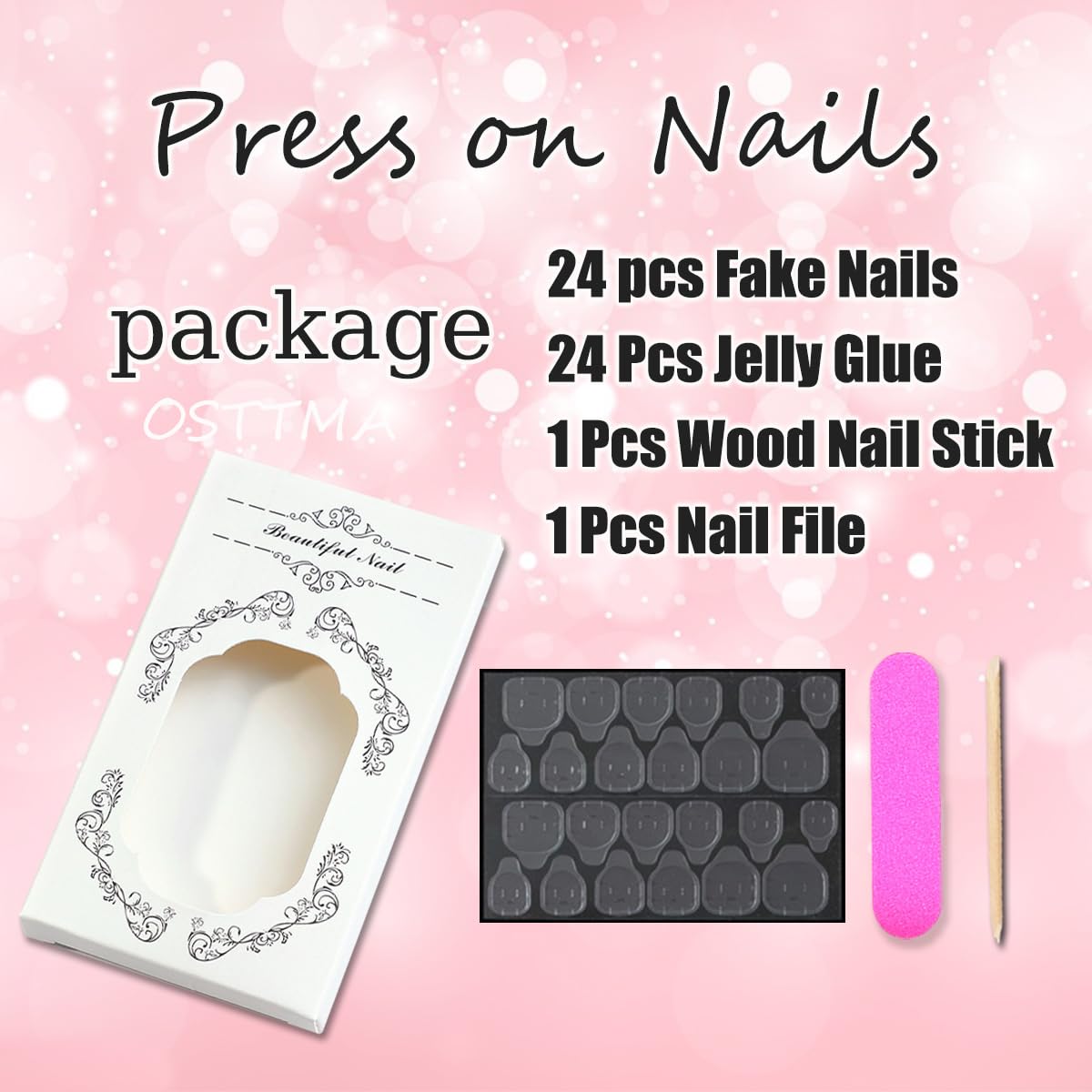 24Pcs Almond Press on Nails Medium Luxury Pink Fake Nails with 3D Heart Pearl Star Rhinestones Gems Designs White Gradient Bow Rose Flower Stick on Nails Full Cover Glue on Nails for Women