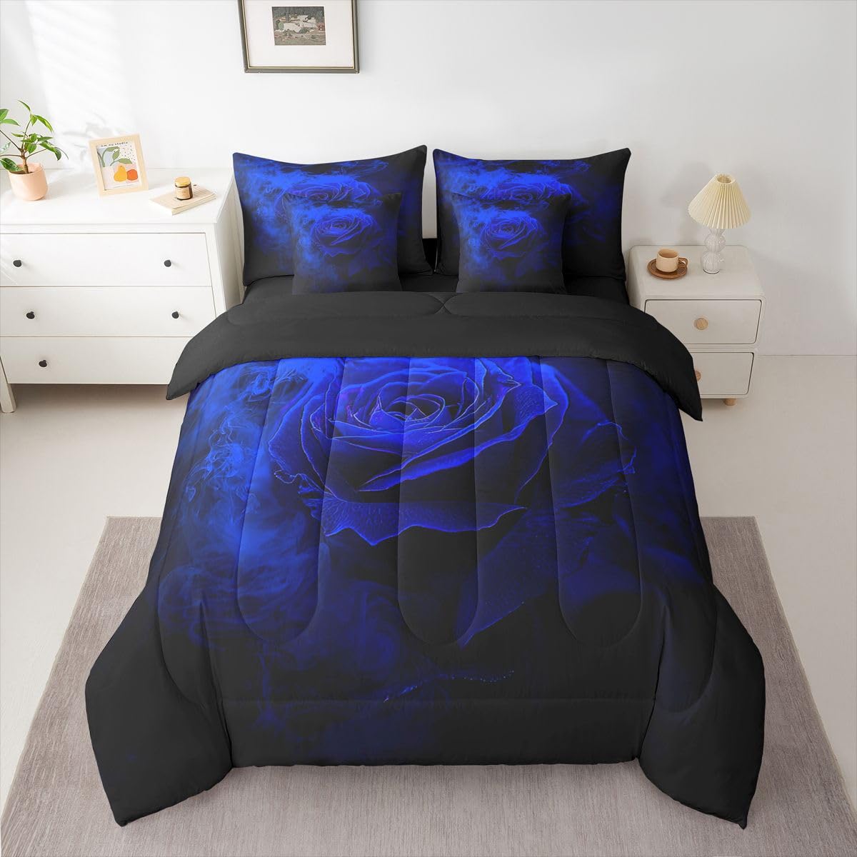 Erosebridal Rose Floral 7 Piece Comforter Set Full Ombre Black Blue Bedding Set for Girls Women Romantic Valentine Sheets 3D Print Flowers Quilt Comforter Blossom Petals Sheet Set Bedroom Decor