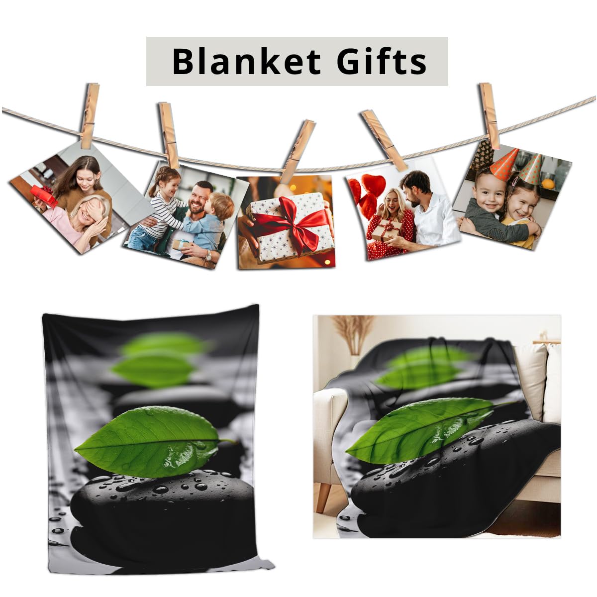 HUNXIAOJ Zen Stone on Water Print Blanket Black and White Flannel Blanket Spa Throw for Home Bedding Couch Bed Yoga Room Meditation Decor Gifts (49"x59")