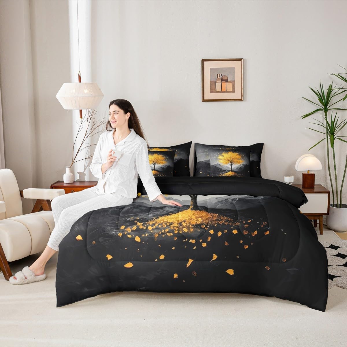 Gold Tree Branches Pattern 7 Pieces Bedding Set Twin Size Kids Leaf Branches Bed in a Bag with Comforter, Sheets, Pillowcases Smoky Mountain Bed Set Breathable Botanical Room Comforter Set with Sheets