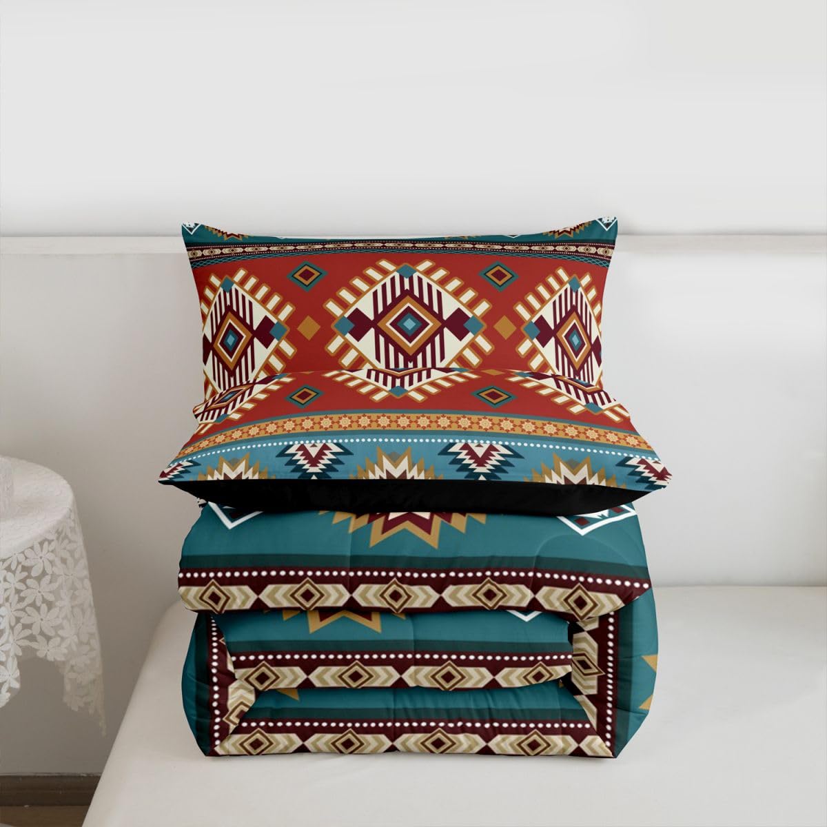 jejeloiu Southwest Native American Design Bedding Set Soft for Boys Girls, Southwestern Geometric Comforter Set Queen Size Boho Duvet Quilt Microfiber Tribal Bedroom Decor 3 Pcs with 2 Pillow Cases