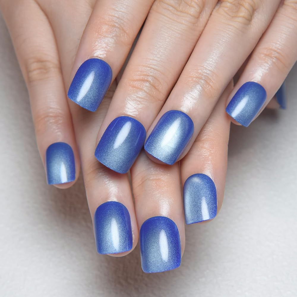 evpct Blue Cat Eye Extra Short Press on Nails Square No Glue, Petite Short Square Stick on Nails for Women, Light Sky Blue Metallic Glitter Glossy Reusable Press on Acrylic Fake Nail with Designs