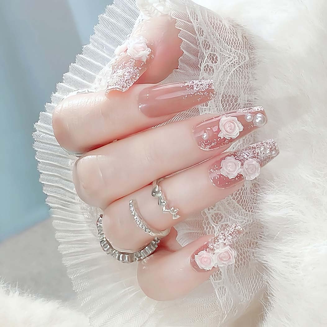 RikView Coffin Press on Nails Long Acrylic Nails White Nails with 3D Flowers Design Glossy Full Cover Nails for Women 24 PCs/Set