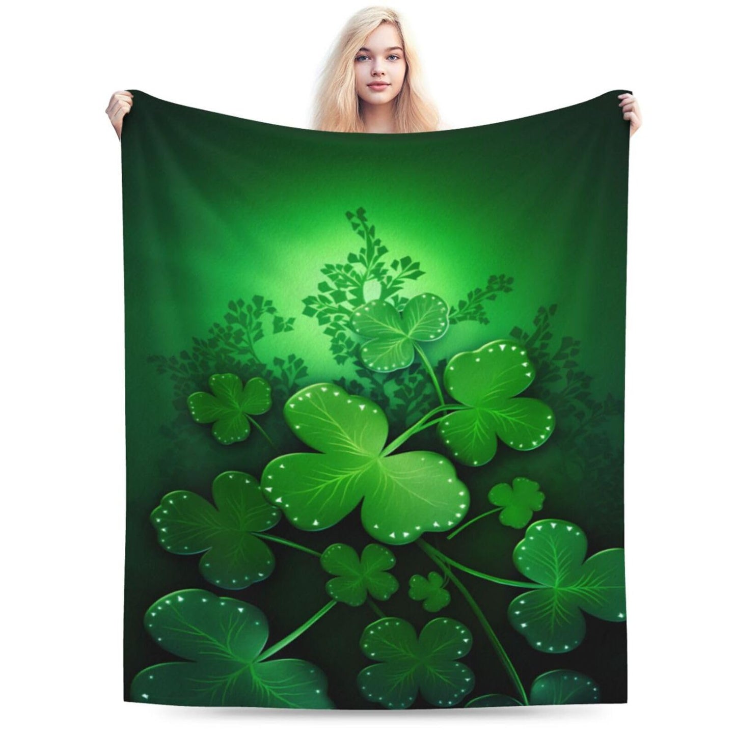 Dewoofly Green Clover Leaves Washable Fleece Throw Blankets, Saint Patricks Day Blanket for Bed Couch Sofa, All Seasons Home Camper Travel 60"x50"