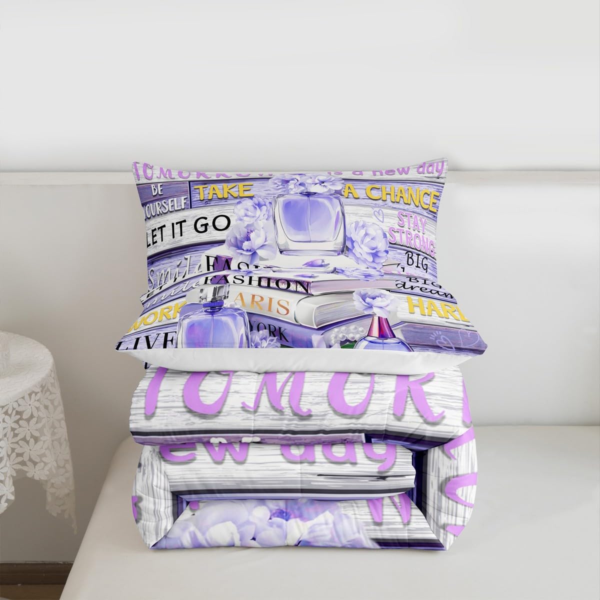 Erosebridal Blue Purple Fashion Floral Comforter King Size for Girls Women Girly Fantasy Aesthetic Modernas Bed Set Boho Funny Cute Paris Bedding Perfume Preppy Dreamy Blueviolet Bow Quilt