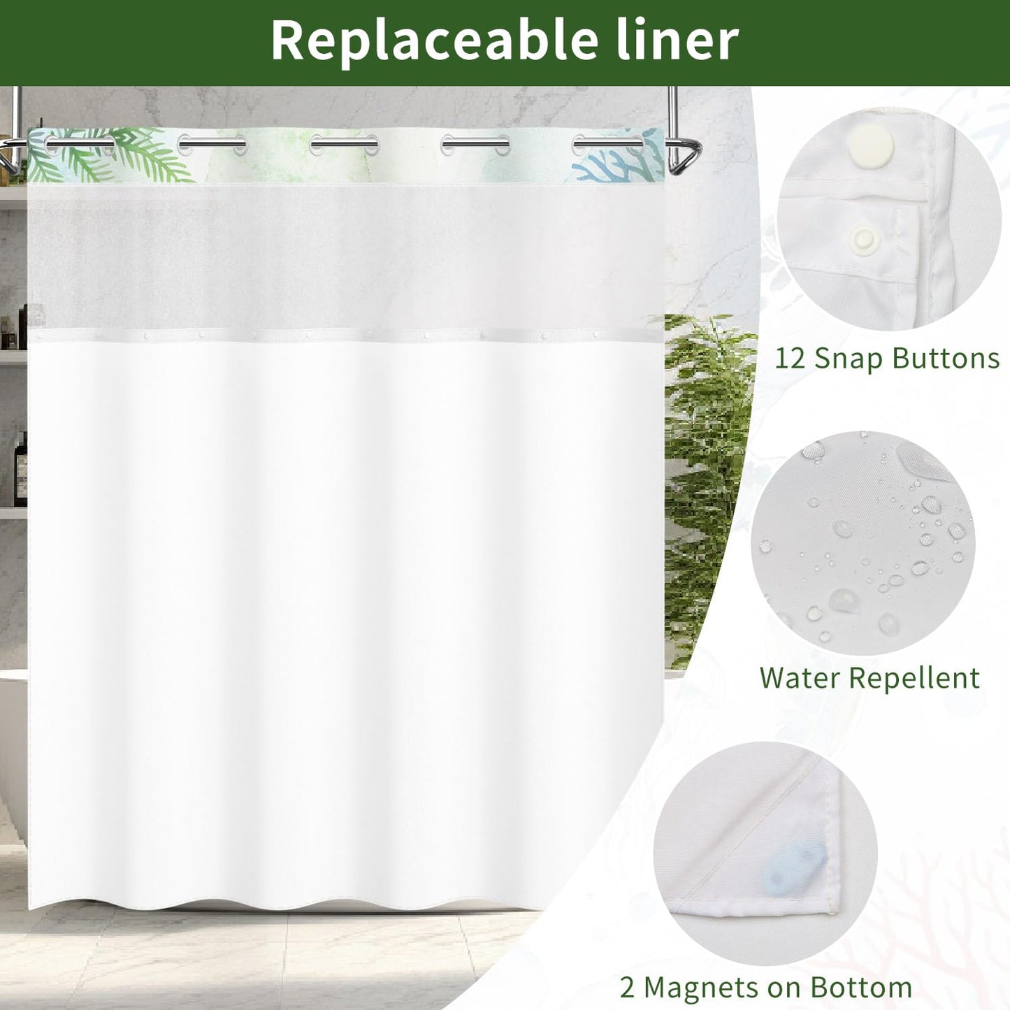 Snap On Shower Curtain Set 71x74 Inch, Hookless 2-in-1 Waterproof Curtain with Liner, Easy Install No Rings Needed, Beautiful Green Sea Turtle Underwater Scene, Durable Polyester Fabric