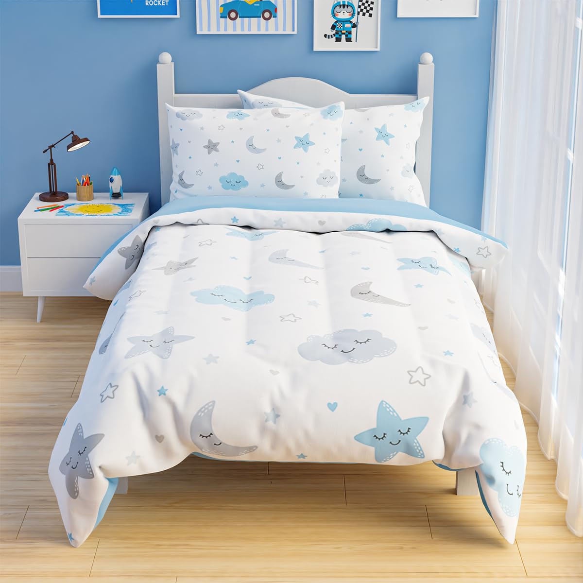 SANDJEST Star and Moon Comforter Set Twin Size 68x86in for Kids Boys Girls Unisex, Microfiber 3 Pcs Bedding Set Includes 1 Comforter, 1 Pillowcase, 1 Fitted Sheet, Nursery Room Decor