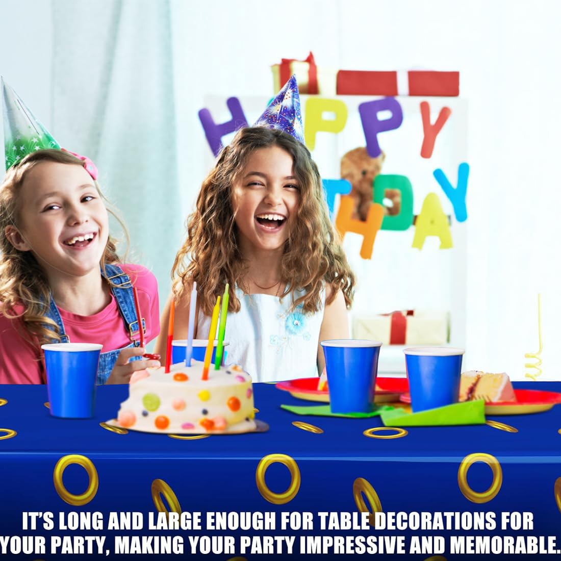ANLLECR 3Pcs 108 x 54 Inches Blue with Gold Ring Print Tablecloth，Blue Disposable Rectangle Plastic Table Cover for Boys Girls Birthday Party Decoration