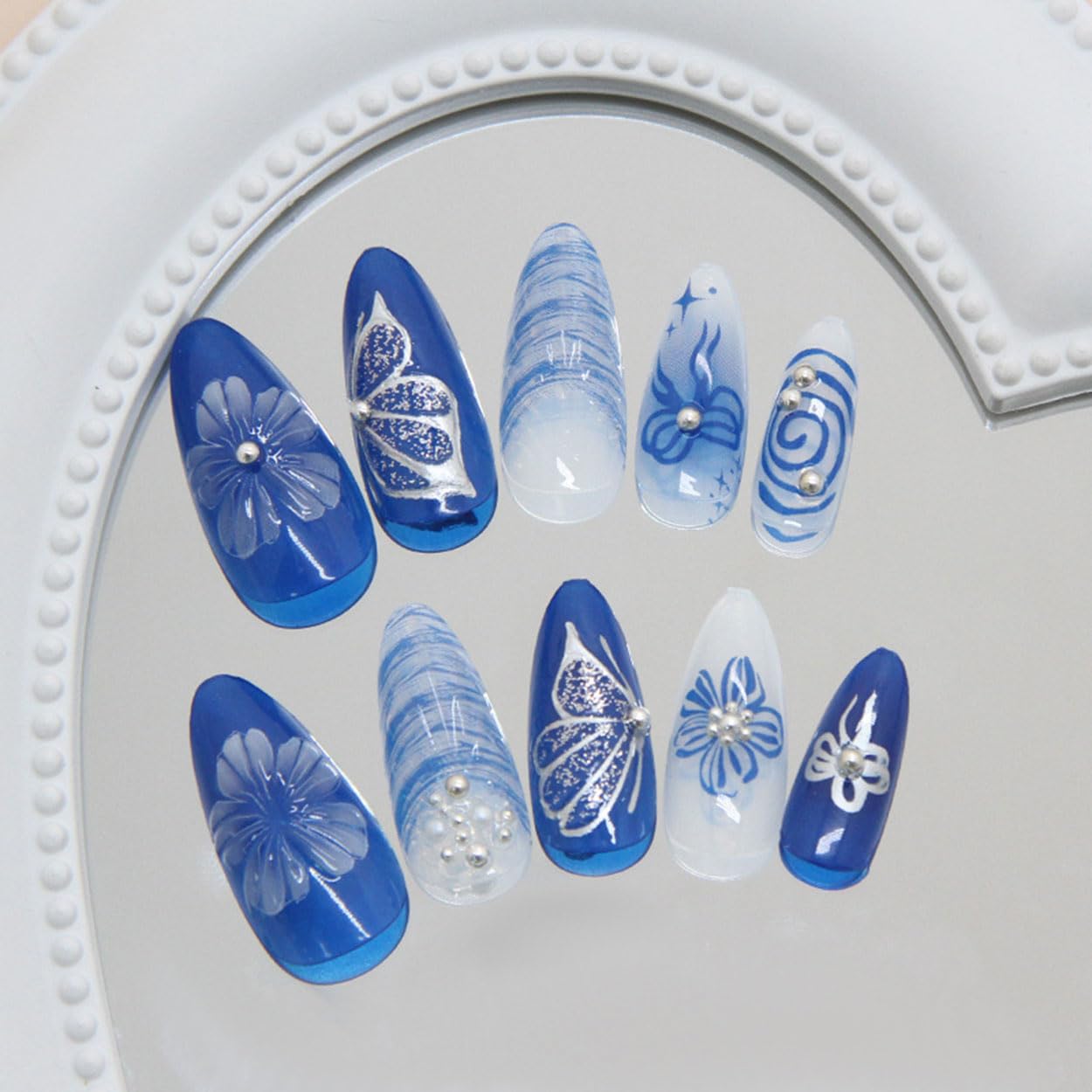 Press on Nails Almond Medium Blue Fake Nails French Tip False Nails Press ons with Butterfly Design Glue on Nails Artificial Acrylic Nail Art Glossy Full Cover Stick on Nail Supplies for Women 24Pcs