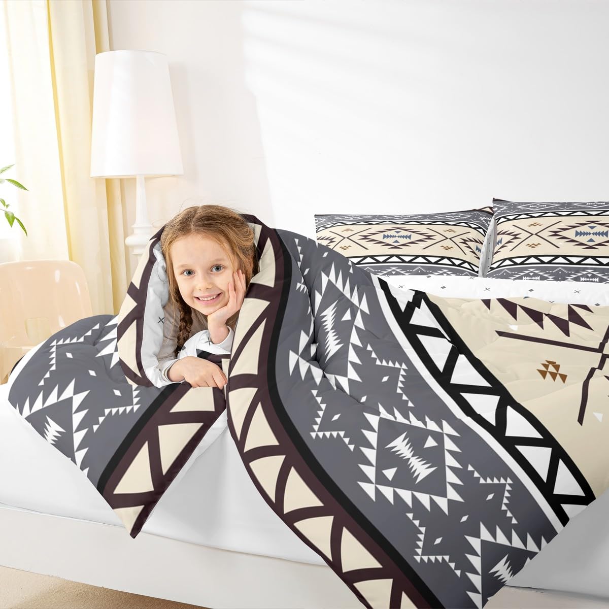 jejeloiu Boho Western Kids Comforter Set Queen Size Bohemian Southwestern Bedding Set Aztec Decor Duvet Quilt for Kids Boys Girls Bedroom Farmhouse Country Ultra Soft Breathable
