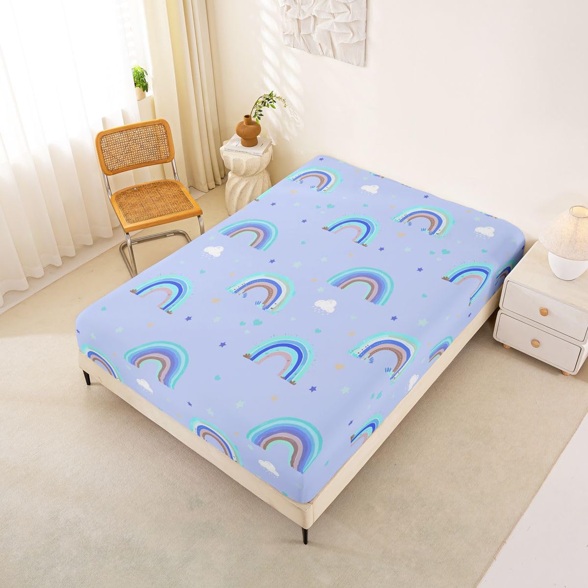 Castle Fairy Blue Rainbow Fitted Sheet Queen Size (No Flat),Cute Love Heart Bedding Sets 3Pcs,Girls Boys Adult Room Decor,Cartoon Cloud Bed Cover Coquette Deep Pocket Sheet,2 Pillowcases
