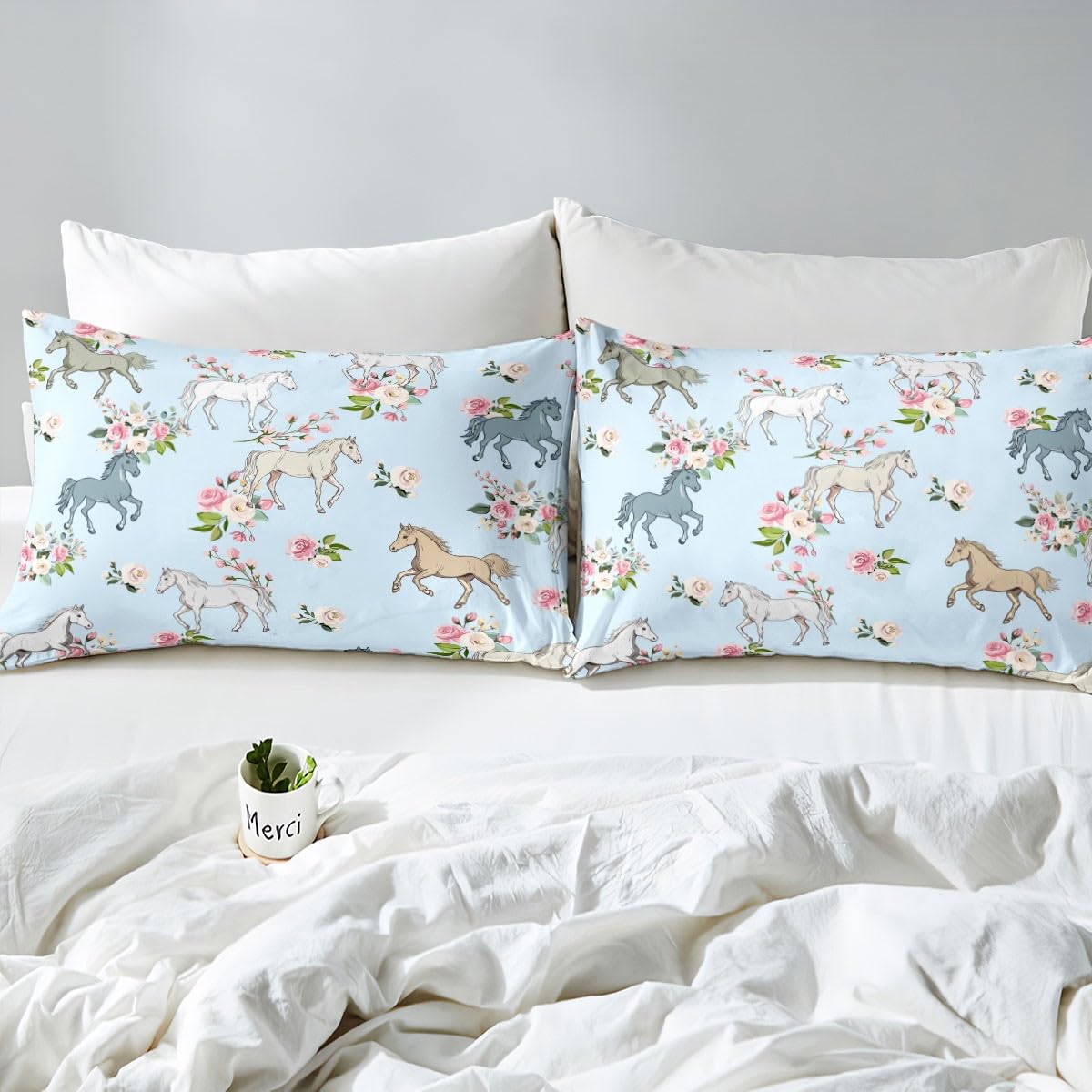 Horse Sheet Set Full Size, Farmhouse Western Cowboy Cowgirls Bed Sheets for Kids Boys Girls Teens, Cartoon Kawaii Horse Bedding Set, Rustic Rose Floral Fitted Sheet + Flat Sheet + 2 Pillow Cases