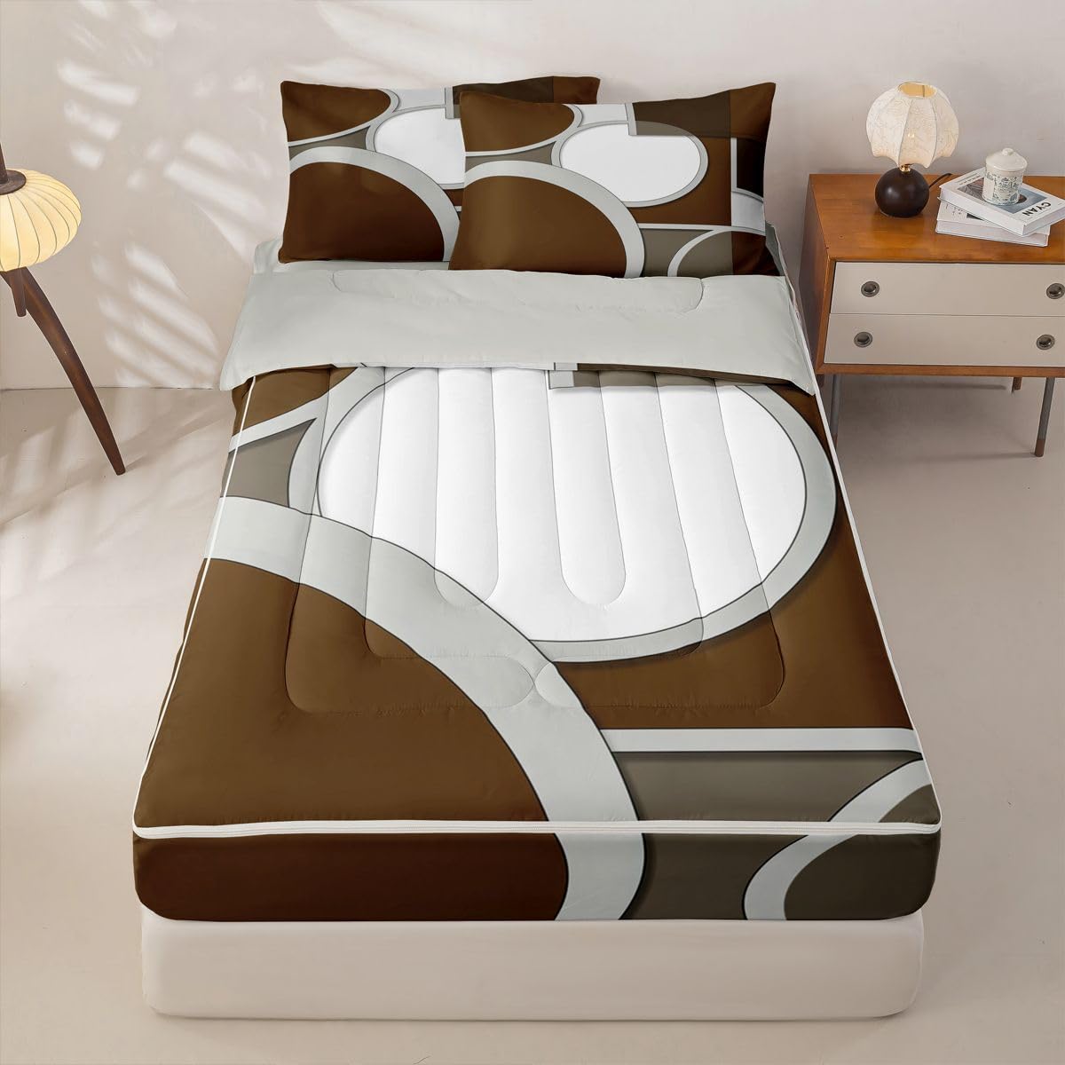 jejeloiu Abstract Neutral Art Comforter Set Full Size Zipper Bedding Set for Girls Boys Abstract Geometric Comforter with Fitted Sheet, Pillowcases Modern Zipper Bedding Soft Breathable Bed in a Bag