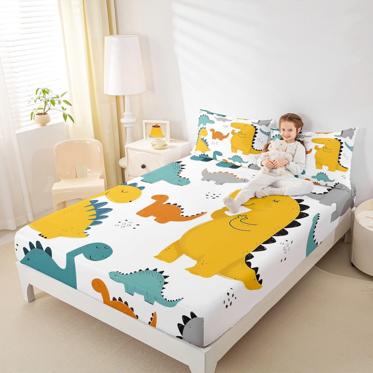 Cartoon Dinosaur Kids Fitted Sheet Cute 3D Digital Print Bed Sheet Set Decor Jungle Dino Bedding Set Wild Animal Pattern Yellow Blue Bed Cover Bedroom Quilt Cover 2Pcs Twin