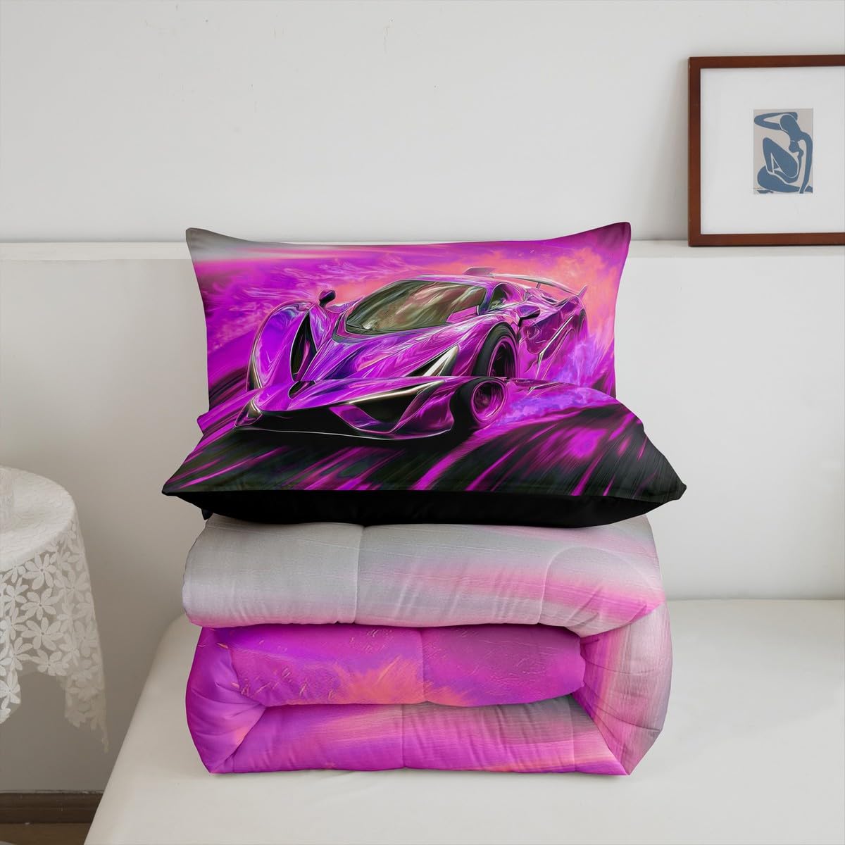 jejeloiu Race Car Comforter Set All Season Cooling Sports Car Bedding Set with 1 Pillow Cases Extreme Sports Microfiber Kids Twin Bedclothes Purple Bedroom Decor Duvet Quilt Breathable