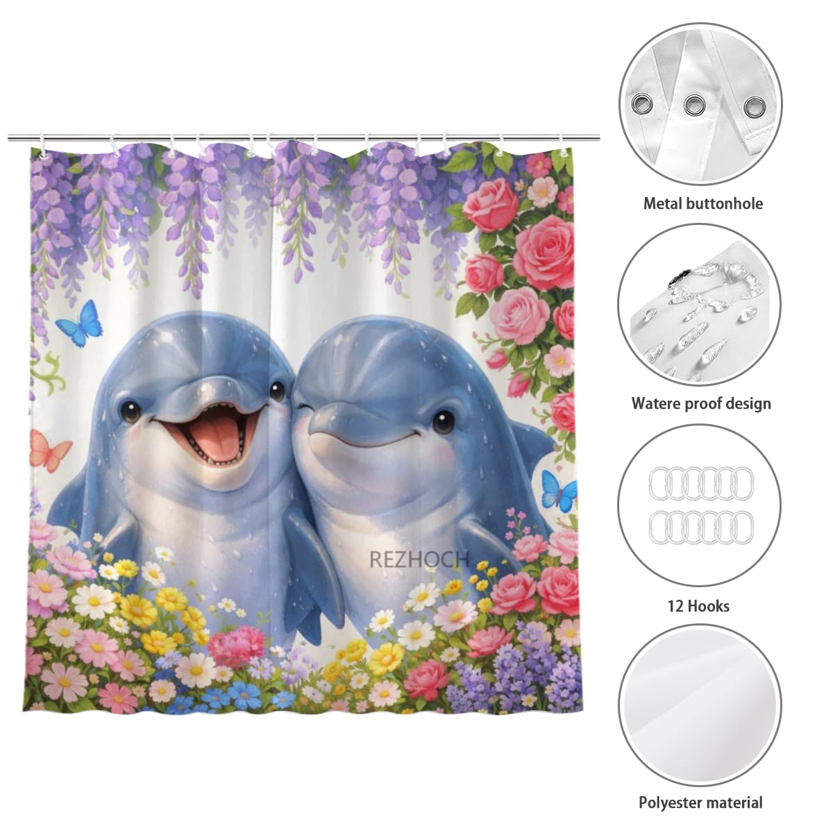 REZHOCH Fun Dolphin Shower Curtain 72x72Inch,Floral Home Bathroom Decor Spring Summer Garden Flowers Wisteria Rose Butterfly,Cute Animal Waterproof Fabric Bath Set with Hooks