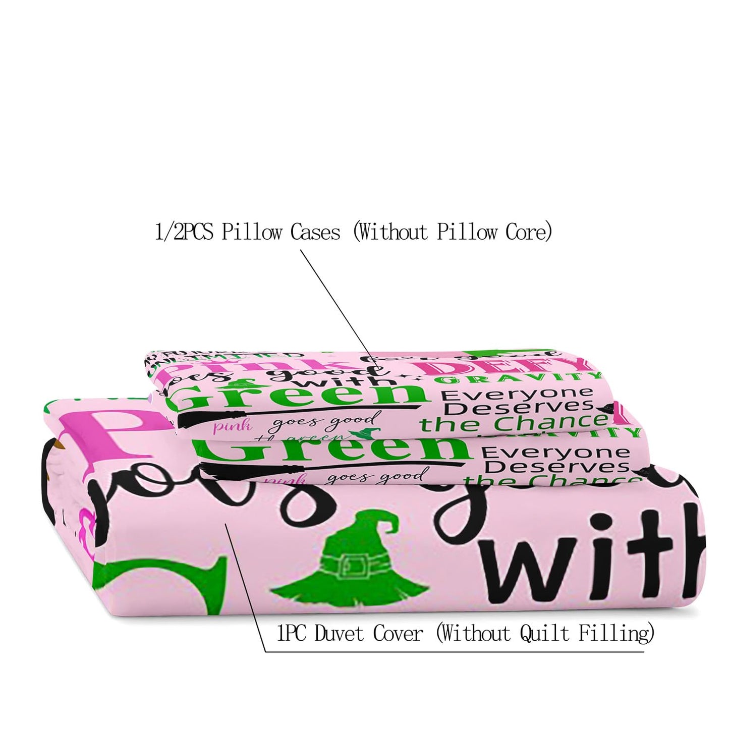 LUVIVIHOME 3PCS Wicked Witch Duvet Cover Queen Bedding Sets, Kids Teens Girls Bedding, Halloween Magic Witch Hat Broom Bat Green and Light Pink Comforter Cover, Witchy Gifts for Women, 2 Pillow Cases