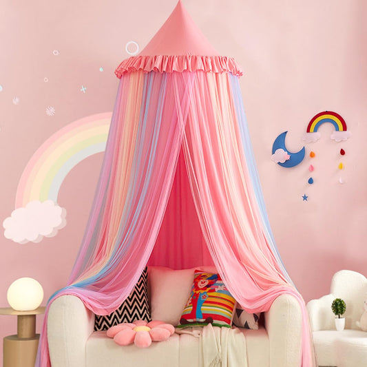 Kertnic Rainbow Bed Canopy for Girls Dreamy Mosquito Net for Bed Round Dome Princess Bed Canopy Girl Room Play Tent Canopy Bed Netting Curtains, 31.5inch Large Dome (Nordic Pink Rainbow)