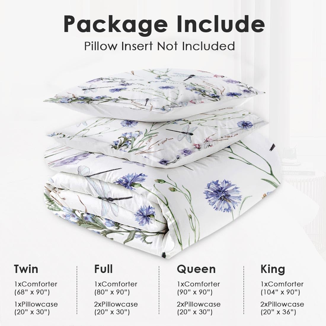 WeCozy Queen Size Comforter Set with 2 Pillowcases, Wildflower Botanical Herb Plant Leaf Floral Flower Painting Dragonfly Soft 3 Pcs Bedding for Kids and Adults Bedroom Bed Decor