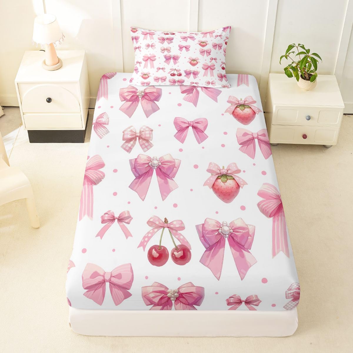 jejeloiu Pink Cute Strawberry Bow Fitted Sheet Twin Size for Kids Boys Girls Dreamy Princess Style Bed Sheets Set 16" Deep Pocket Kawaii Coquette Bow Bedding with 1 Pillowcase Room Decor
