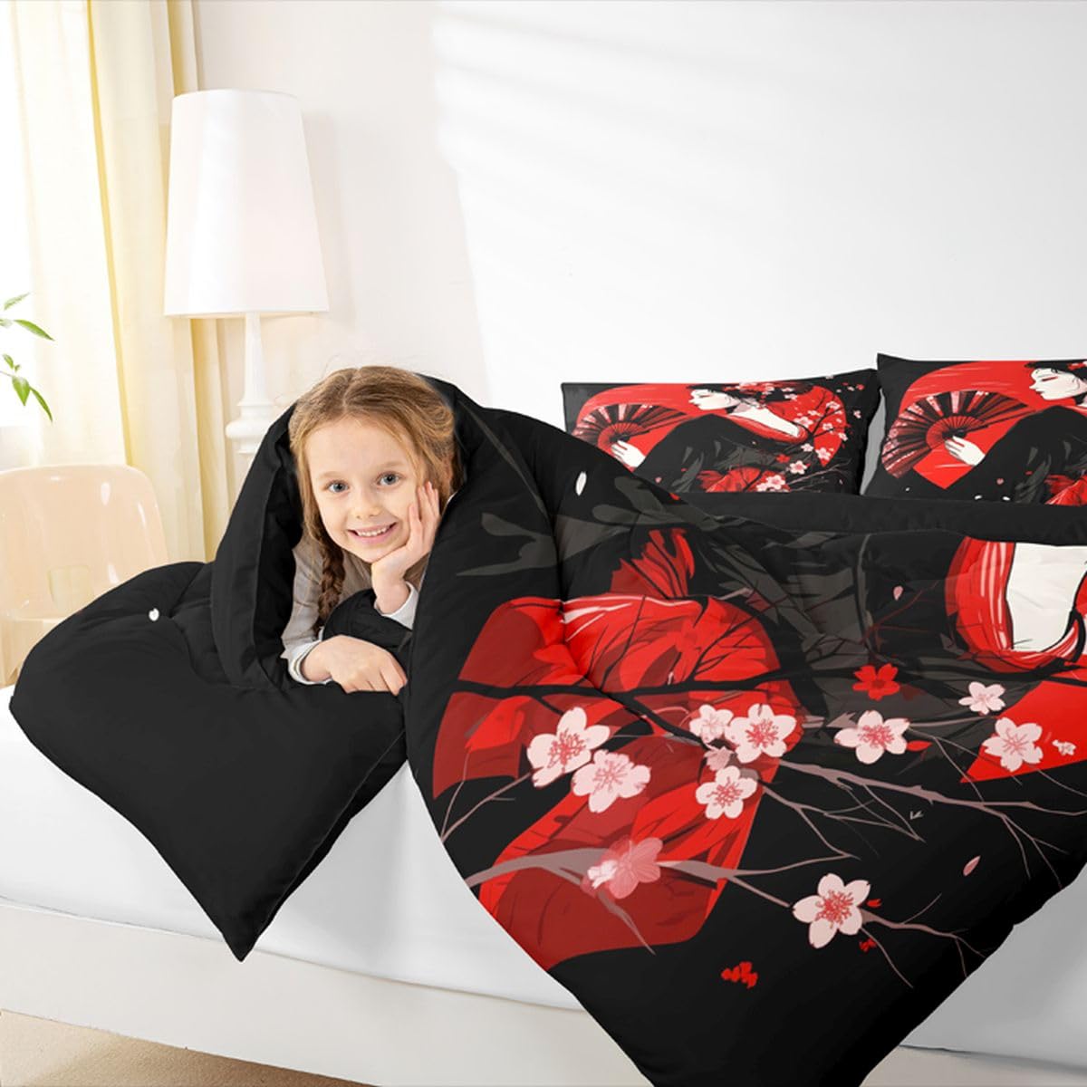jejeloiu Japanese Geisha Comforter Set Queen Size Cherry Blossom Bedding Set for Kids Boys Girls Red Sun Duvet Quilt Japanese Ukiyoe Bedroom Decor Microfiber 3 Pcs with 2 Pillow Cases