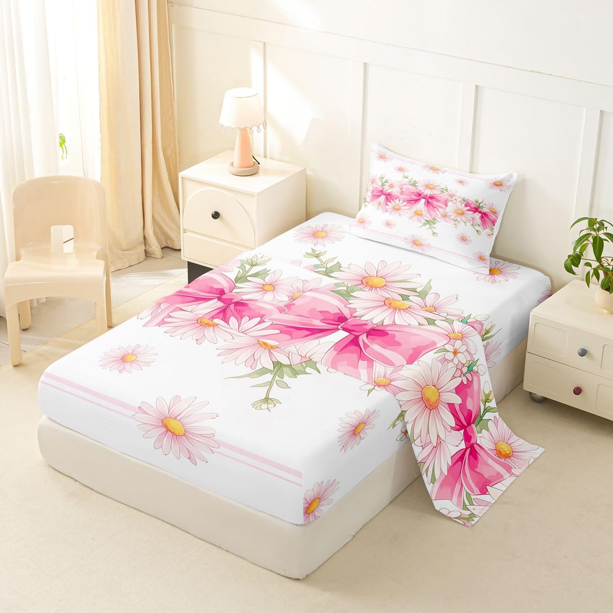 Erosebridal Gradient Pink Daisy Sheet Set Watercolor Ribbon Bows Flowers Twin Sheets Set for Tween Boys Girls,Kawaii Cute Bowknot Flower Cartoon Bow Tie Floral Boho Fitted Sheet
