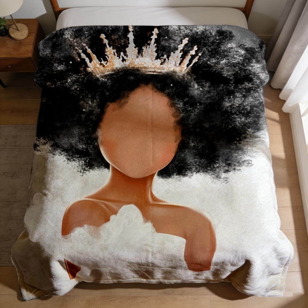ZHOUSHUTONG Black Woman Crown Throw Blanket African Queen Flannel Blankets Golden Crown Plush Throw Black Girl Empowering Print Throws for Living Room Bedroom Lounging Home Decor 49"x59"