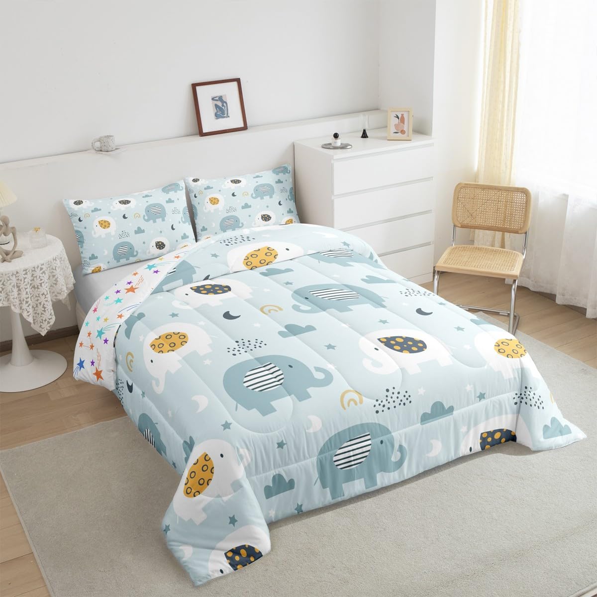 Feelyou Cartoon Elephant Bedding Set for Boys Girls Twin, Kids Zoo Animal Comforter Set Rainbow Elephant Comforter Wildlife Duvet Set 2Pcs